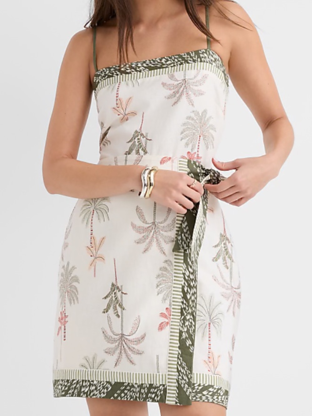 Loft Tropical Print Tie-Waist Sundress in Olive and Cream